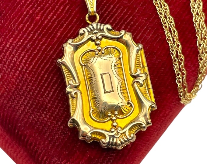 Vintage Yellow Gold Filled Locket - Etched Rectangular Necklace by LS 10K GF Photo Retro Pendant 14K GF Chain Estate Jewelry Gift for Her