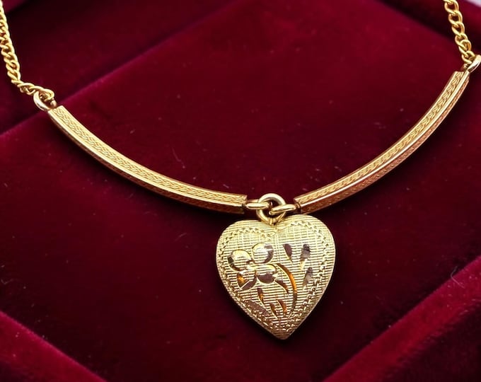 Vintage Heart Necklace: 14K Gold Filled Choker Bar 14K GF Chain, Etched Heart Choker Signed dcc - Love Gift for Her
