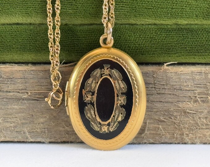 Vintage Gold Filled Oval Locket Necklace Design & Black Enamel 14K GF Rope Chain - 2 Photo Wells w/ Engraved Love Note WEH Hayward Hallmark