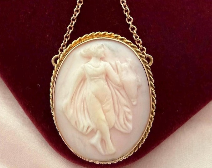 Vintage 9K Rose Gold Oval Carved Cameo Pendant Necklace: 18" 14K Gold Filled Chain
