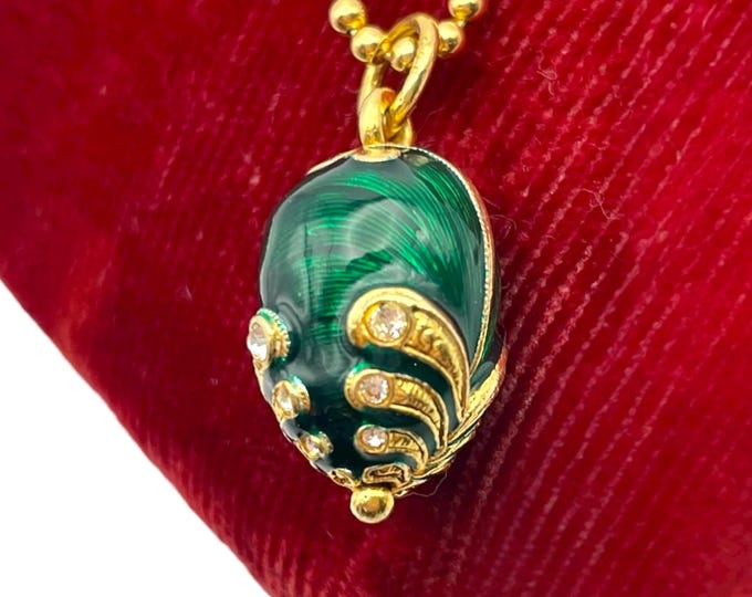 Vintage Green Guilloche Fabergé Style Egg Pendant: Rhinestone Vermeil Sterling Silver, 14K GF Chain