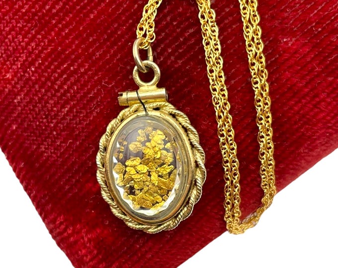 Gold Nugget Shaker Locket - Vintage Gold Filled Pendant Necklace with Gold Flakes - Oval Souvenir Charm - Estate Jewelry - Gift for Her