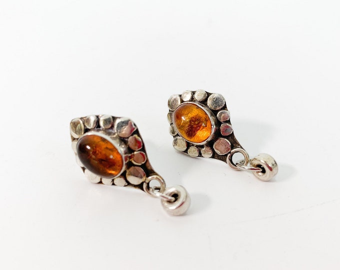 Vintage Amber Dangle Pierced Earrings Sterling Sterling Set - Abstract Geometric & Rounds Post Earrings - Retro 925 Jewlery