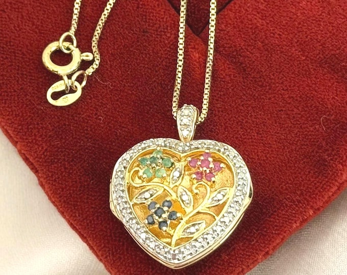 Vintage 925 Vermeil Heart Locket: Ruby Sapphire Emerald Diamond Flowers, 14K GF Chain