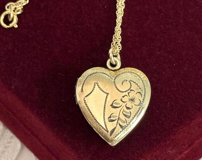Vintage Etched Floral Heart Locket: 10K Gold Filled Sterling Silver, 2 Photo Wells