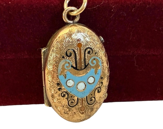 Victorian Oval Mourning Locket: Ornate Enamel Design, 14K Gold Filled Chain