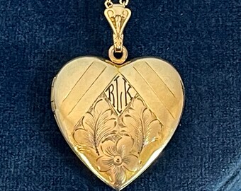 Vintage 12K Gold Filled Etched Heart Locket Necklace w/ RLK Monogram WH Hallmark on 14K GF Chain - Etched Florals & Lines 2 Photo Wells