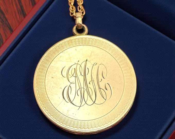 Vintage Gold Filled Locket Necklace: Etched Monogram Pendant DCP Hallmark, 14K GF Chain