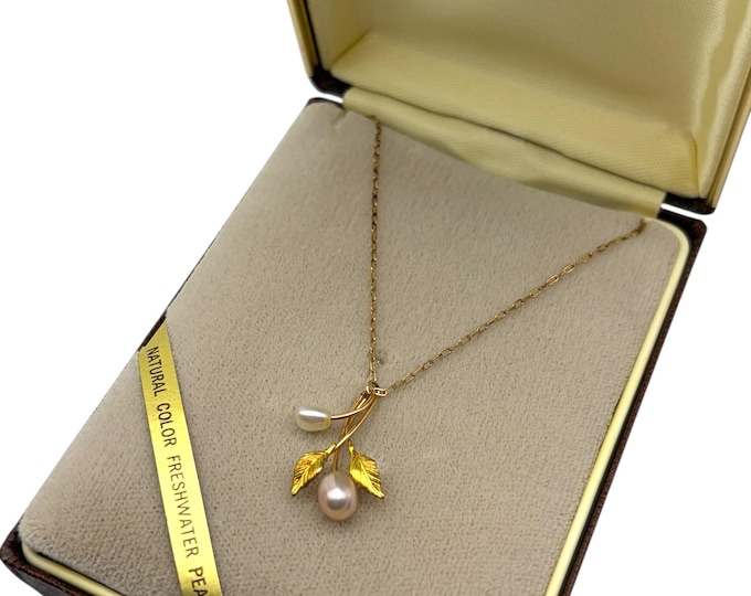 Vintage Krementz Pearl Necklace – Gold Overlay Leaves, Natural Freshwater Pearls, Original Box