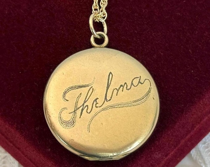 Vintage Gold Filled Locket Necklace, Engraved "Thelma" on 14K GF Chain, D&C Company