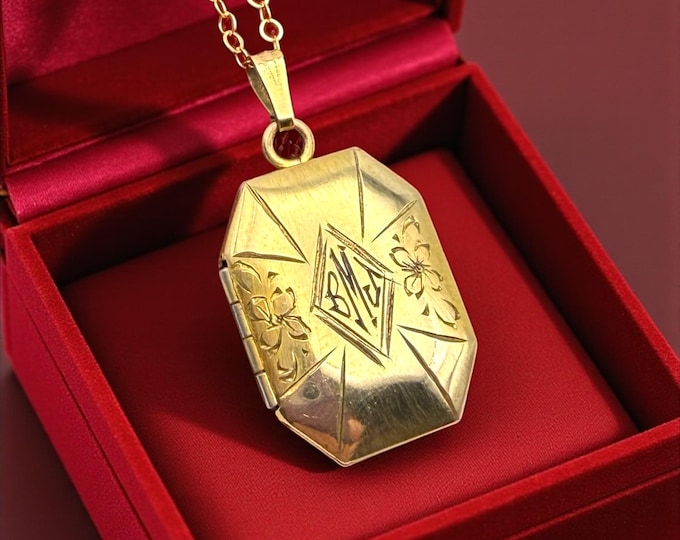 Vintage Gold Filled Locket Necklace: Octagon Shape Monogram Letters BMJ MBJ, Etched Floral Pendant