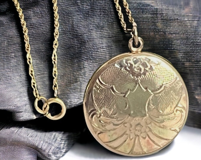 Antique Round Gold Filled Locket Necklace - Flowers & Shield - Little Beatrice RBM MacDonald  2 Photo Pendant on 12K GF Chain Estate Jewelry