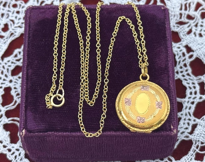 Vintage 12K Gold Filled Round Etched Locket Necklace on 14K GF Chain - Retro Tricolor Gold 2 Photo Pendant w/ Pink Flowers - JHH Hallmark