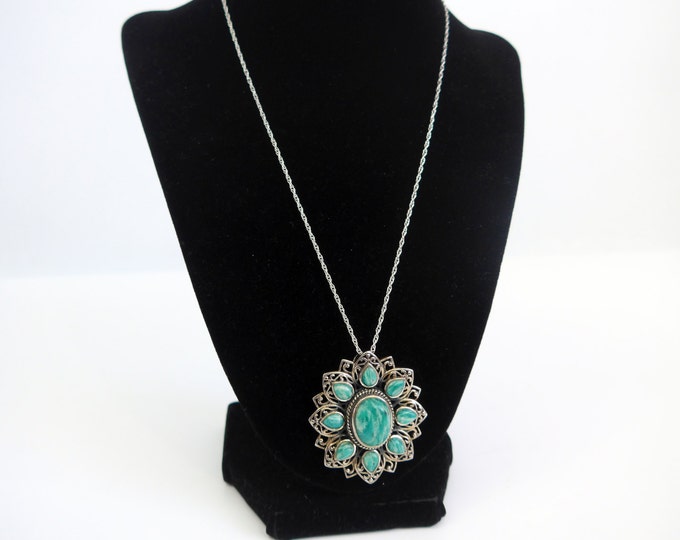 Vintage Amazonite Sterling Silver Pendant Necklace with 9 Stones Marked 925 - LARGE Retro Striking Ornate Pendant 24" Sterling Silver Chain