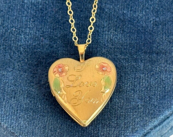 Vintage 14K Gold Filled Heart Locket I Love You Necklace w/ 14K GF Chain - Hallmark PPC - 2 Photo Well Pendant Etched Tricolor Floral Flower