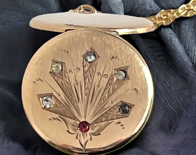 Antique Gold Filled Round Locket Necklace dated 1902 w/ Etched & 6 Paste Red and Clearn Gems - Art Nouveau 2 Photo Pendant - Estate Jewelry