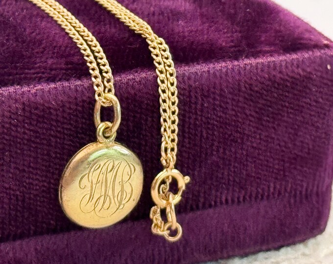 Vintage Small 10K Gold Locket w/ FMB Monogram - Engraved Tiny Round Pendant on 14K GF Chain - 2 Photo Wells - F&B Hallmark Estate Jewelry
