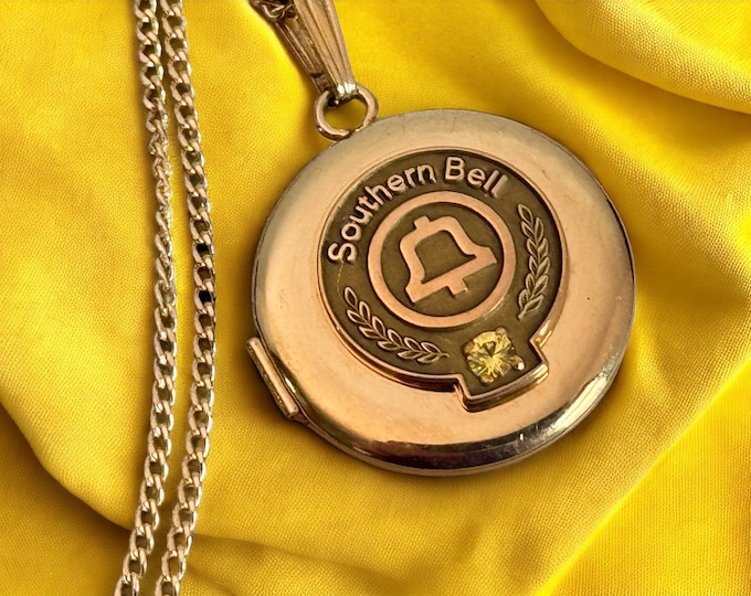 Vintage Filled Locket Round Etched Flower w/ Topaz Gem November Birthstone - 2 Photo on 14K GF Chain Southern Bell Employee Service Necklace