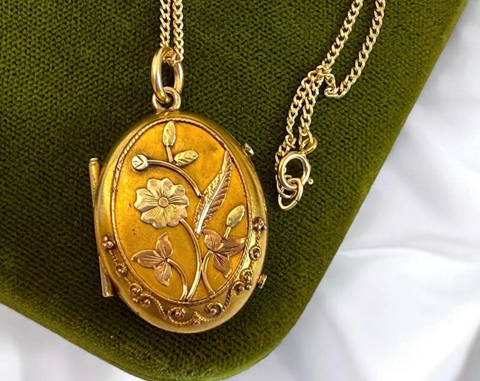 Antique Etruscan Revival Locket Ornate Oval on 14K Gold Filled Chain - Tri Color Pendant w/ Flower & Leaf - ca 1800s Vintage Estate Jewelry