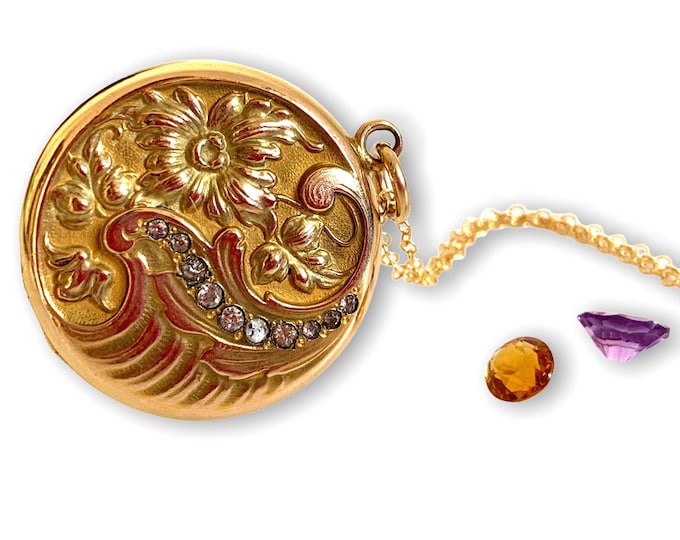 Antique Art Nouveau Locket Round 2 Photo Necklace on 14K Gold Filled Chain - W & SB Pendant 10 Paste Stones Flower w/ N Monogram - Ca 1900s