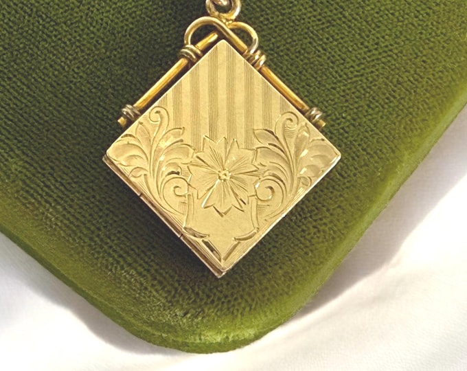 Edwardian Gold Filled Fob Locket Necklace: Etched Design, 14K GF Chain, Vintage Estate Jewelry