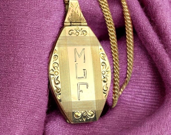 Art Deco Gold Filled Locket Necklace - B Mfg Co Etched Monogram Initials MGF 14K GF Chain Photo Pendant Antique Estate Jewelry Gift for Her
