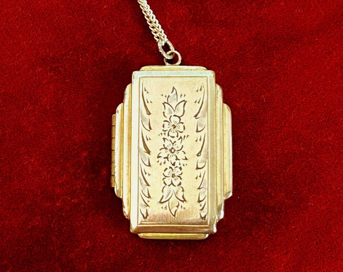 Vintage Etched Locket w/ DUNN BROS Hallmark on 14K GF Chain - Unique Rectangle Pendant Necklace - 2 Photo Wells - Early 1900s Estate Jewelry