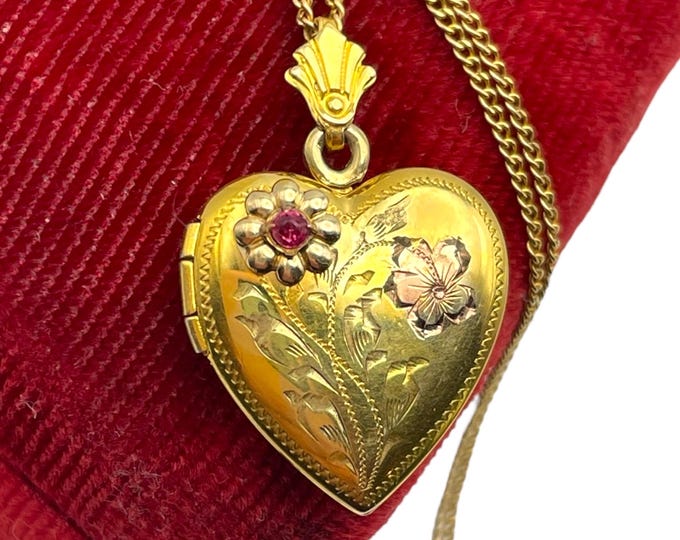 Vintage Gold Filled Heart Locket - Pink Rhinestone Flower & Etched Florals Photo Necklace Pendant Retro Era Estate Jewelry - Gift Woman Girl
