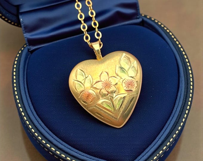 Vintage 14K Gold Filled Heart Locket Necklace – Etched Floral Photo Pendant