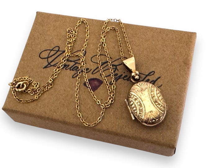 Antique Victorian Oval Mourning Locket Necklace w/ Embossed Designs & 2 Old Photos Under Glass - Brass Vintage Pendant on Gold Filled Chain