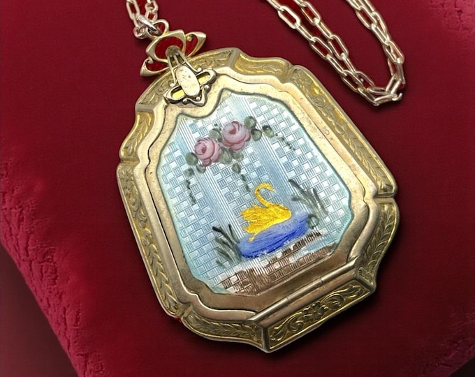 Vintage R&G Co Silver Tone Locket - Blue Guilloche ENAMEL Hand painted Flowers Swan Make-up Mirror Compact Locket on Sterling Necklace Chain