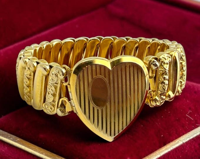 Vintage 12K GF Heart Locket Expansion Bracelet: Gold Filled on Sterling Silver, Ladifair 1940s Heirloom Jewelry, Photo Memorial Locket