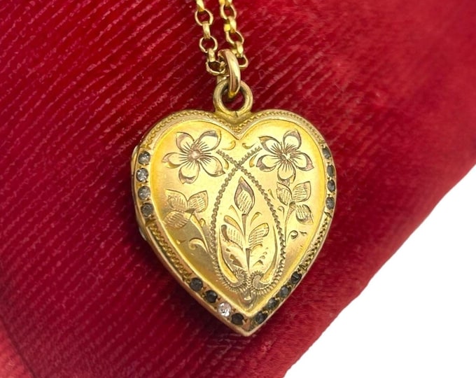 Vintage 12K Gold Filled Heart Locket Necklace Paste Stones - Etched Photo Charm Pendant GF Chain HFB Barrows Estate Jewelry Gift for Her