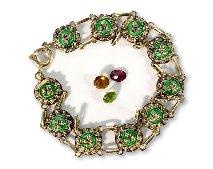 Antique Vermeil Links & Green Enamel Rounds Etruscan Bracelet - 18K Gold over 925 Silver - Vintage Victorian Jewelry Ornate Links Late 1800s