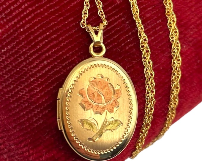 Vintage Gold Filled Oval Locket - 14K GF Necklace - by Marathon Jewelry Tricolor Rose Flower Leaves Photo Pendant Charm Gift for Her