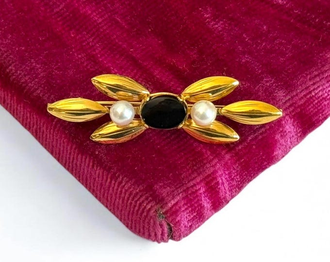 Vintage 14K Gold Filled Pearl & Imitation Black Onyx Brooch - GF Pin Retro Mid Century Hallmarked Estate Jewelry - Woman or Girl Accessory