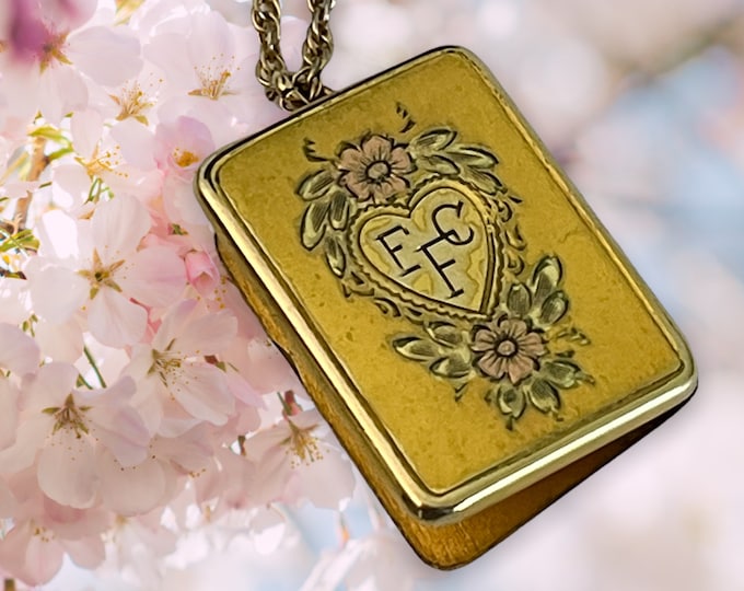 Vintage 12K Gold Filled Etched Locket Rectangular Pendant Necklace Retro Era - Pink Flowers & Leaves EFC Monogram - Pitman Keeler Mark