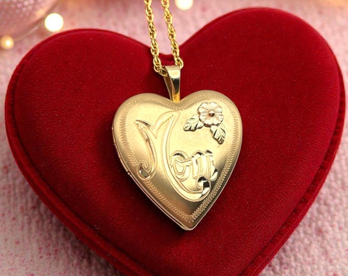 Vintage 14K GF Heart Locket Necklace - "Mom" CCO Coleman Company Black Hills Gold Tricolor Flower Etched Pendant Jewelry