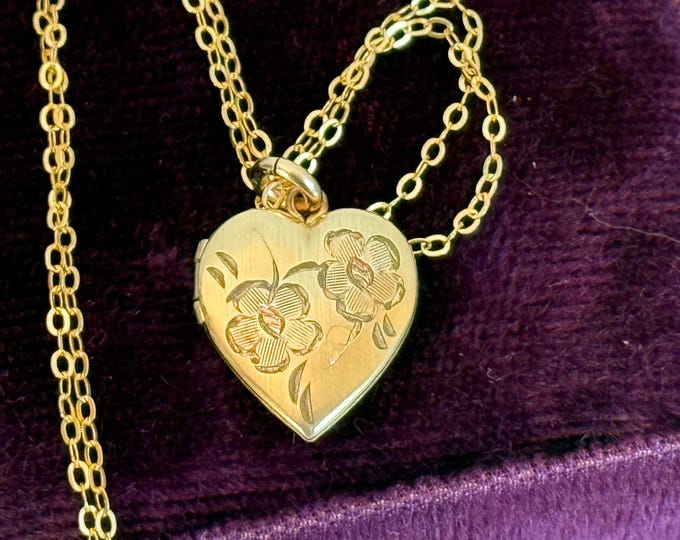 Vintage Gold Filled Heart Locket on 14K GF Chain - Etched Pendant Necklace w/ 2 Photo Wells - Estate Jewelry - Gift Woman Girl - L Hallmark