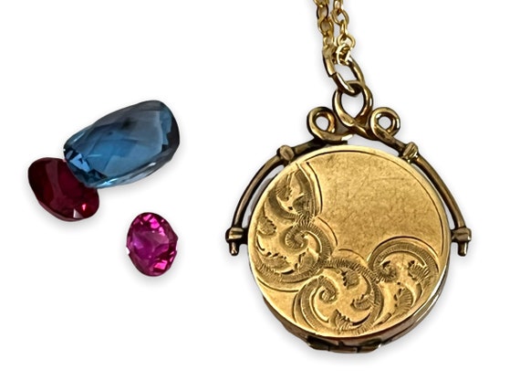Antique Gold Filled Etched Locket Necklace: 14K GF Chain, Edwardian Fob, SKM Hallmark