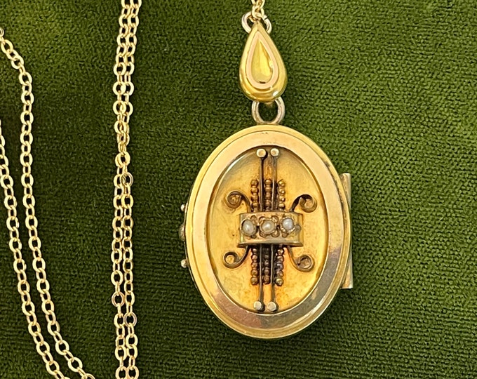 Antique Etruscan Revival Locket Ornate Oval 14K Gold Filled Chain - Mixed Metal Vintage Pendant w/ Seed Pearls & Ribbon - Late 1800s Jewelry