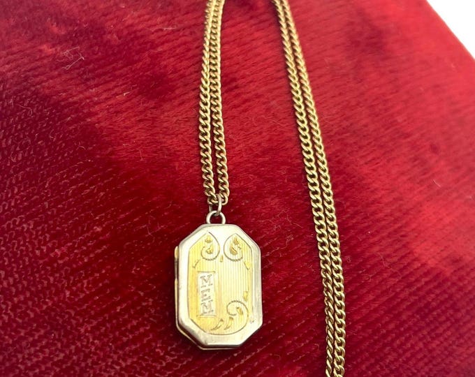 Antique Etched 10K Gold Locket - White / Yellow Gold Petite Small Monogrammed MEM Rectangular Pendant Necklace Vintage Tiny Child Sweetheart