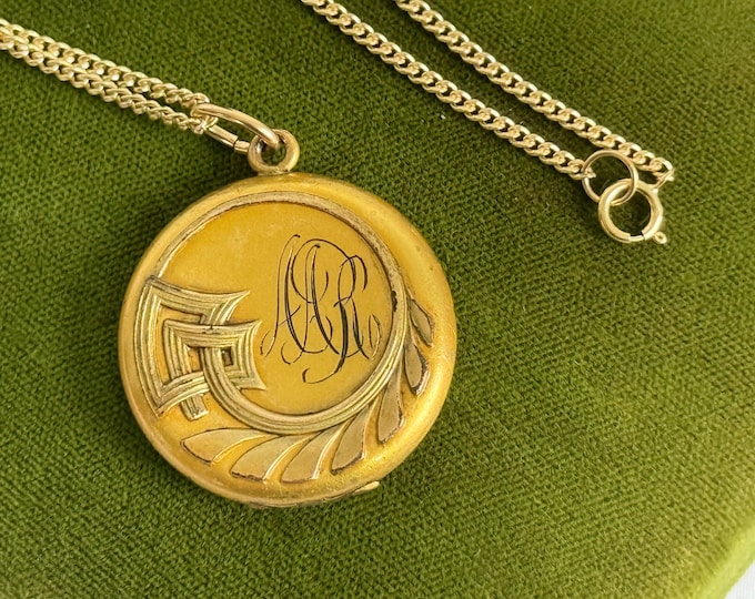 Vintage Gold Filled Locket Necklace: Art Deco Monogram Pendant, 14K GF Chain