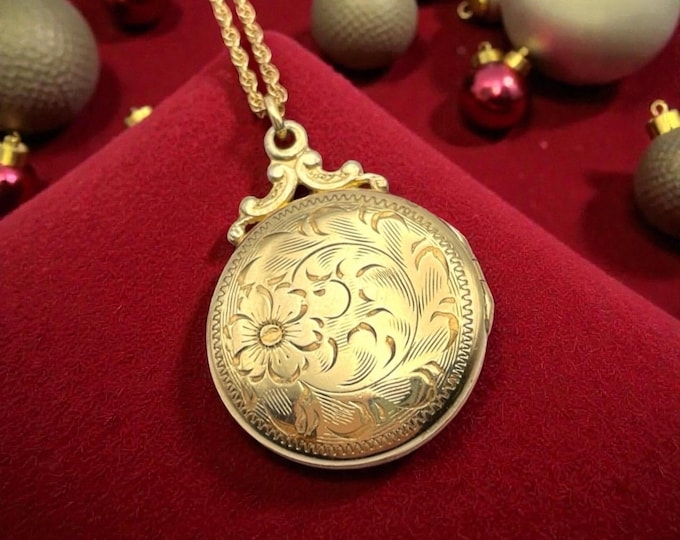 Vintage Birks Locket Necklace: Gold Filled Floral Pendant, Engraved "Love Bert"