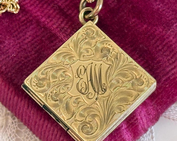 Antique Gold Filled Fob Locket: EAM Monogram, 14K GF Chain, CQ&R