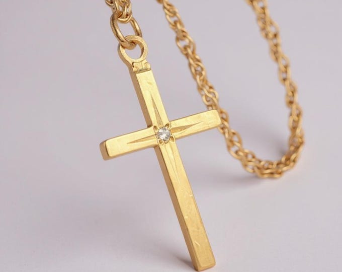 Vintage 14K Gold Filled Etched Cross with Diamond Chip Starburst - Chain HFB Hallmark Yellow Gold 1940s Retro Religious Christian Necklace