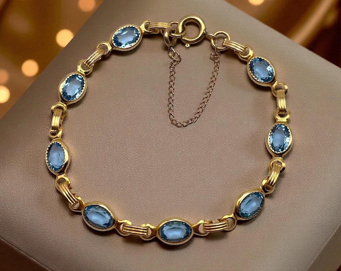 Vintage 12K Gold Filled Bracelet - GF Links Light Blue Bezel Set Rhinestone with Gold Link - Retro Estate Jewelry Gift for Her