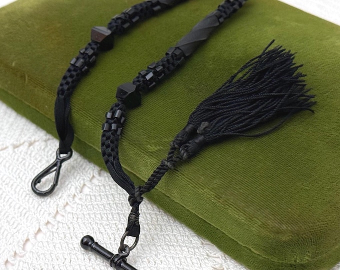 Victorian Watch Chain: Braided Cord, Black Bead, Short, Mourning, T-bar, Dog Clip