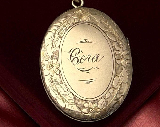 Vintage Large Oval Floral Gold Filled Locket on 14K GF Chain, Engraved “Cora” Necklace