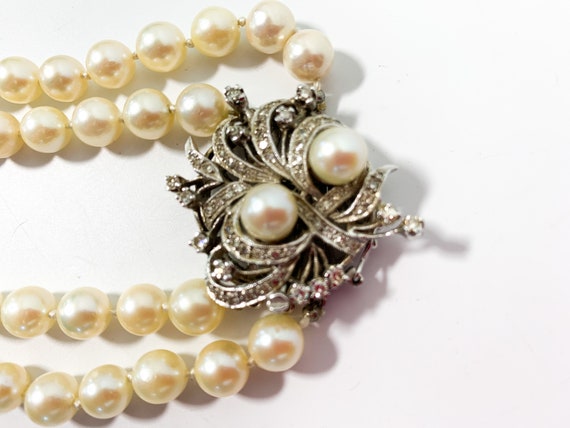 Vintage Pearl Necklace W/ 14K White Gold & Diamond Clasp